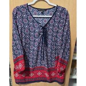 Zac & Rachel Womens XL/EG Blouse Top Floral Print Long Sleeve Lace
 Up‎ Neckline